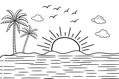 Summer sunset tropical beach line art vector illustration, hand drawn ...