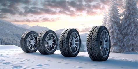 Premium AI Image | Photo of modern winter car tires 4 tires together in the background of a winter