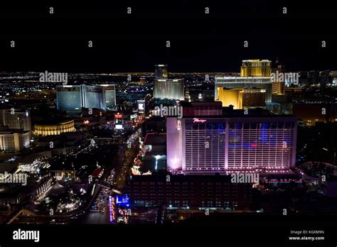 LAS VEGAS, USA - AUGUST 6: View from the top of Paris Tower of Las Vegas and its strip at night ...