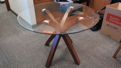 Minimalist Round Glass-Top Table, 4-Legged Base, Dark Wood 42.5" Dia, 29" height - Oahu Auctions