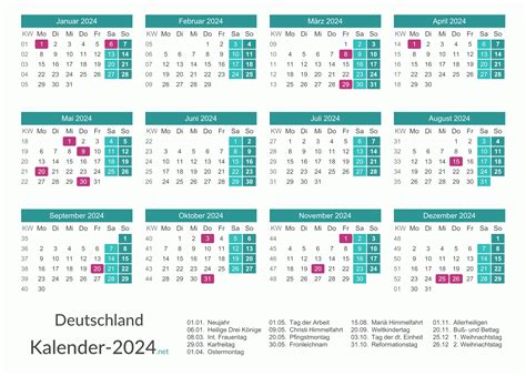 KALENDER 2024 mit Feiertagen & Ferien