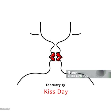 Kiss Day February 13 Kissing People Silhouette With Red Lips Valentine Week Black Line Vector ...