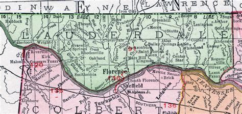 Lauderdale County, Alabama, Map, 1911, Florence, Rogersville, Waterloo, Lexington