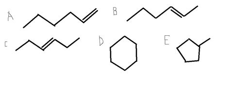 Give five examples of structures with this formula (c6h12). at least one should contain a ring ...