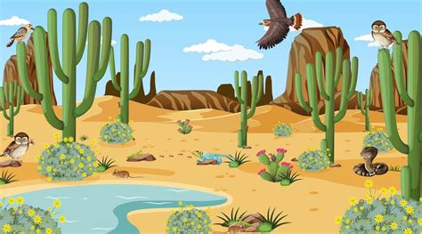 Desert forest landscape at daytime scene with desert animals and plants 2918163 Vector Art at ...