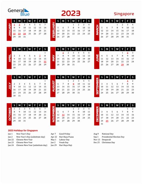 2023 Singapore Calendar with Holidays