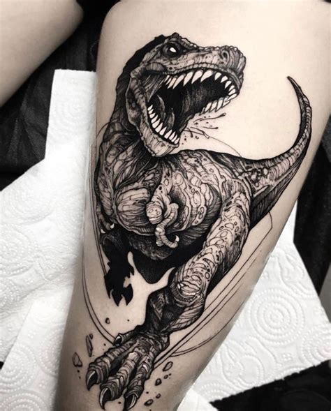 Incredible T-rex tattoo on the thigh done by @dmitriy.tkach | www.otziapp.com | T rex tattoo ...