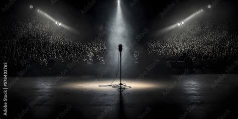 Microphone for singer music background with spot lighting. Concept Public speaking on stage with ...