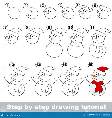 Snowman. Drawing tutorial. stock vector. Illustration of drawing - 67683794