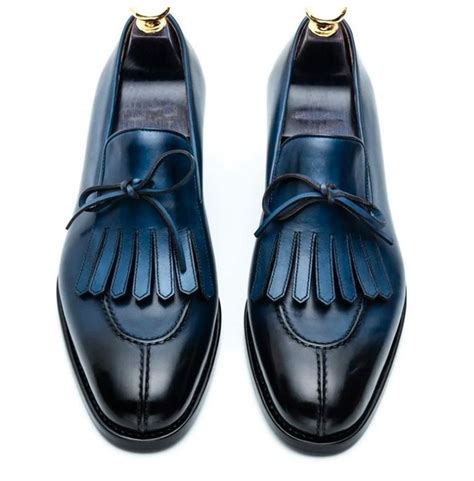 Handmade Mens Blue Leather Fringe Dress Shoes | RebelsMarket