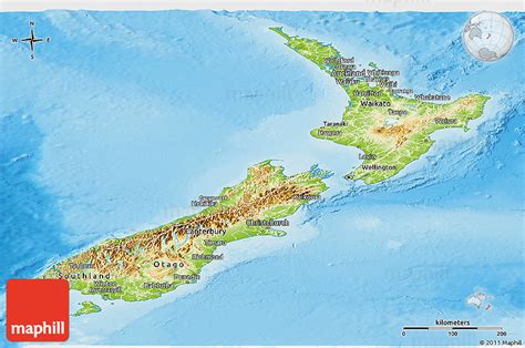 Physical Panoramic Map of New Zealand, satellite outside, shaded relief sea