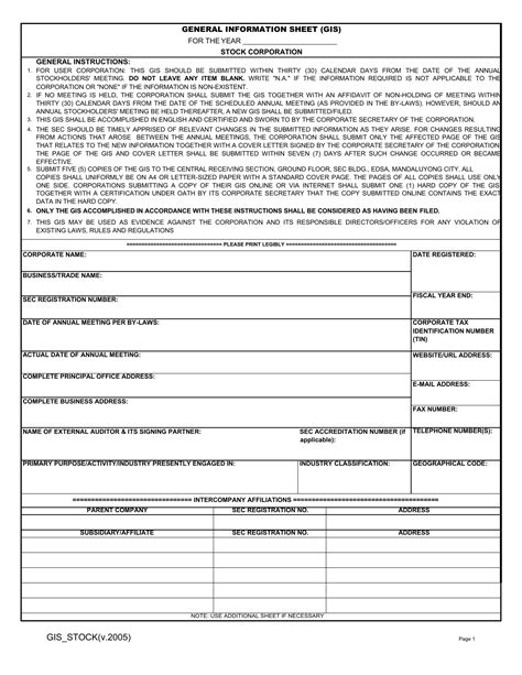 SEC General Information Sheet - Stock Corporation