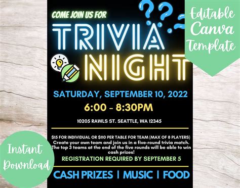 Editable and Printable Neon Trivia Night Invitation Flyer Template ...