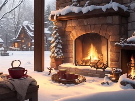 Premium AI Image | a cozy winter scene with a roaring fireplace and a ...