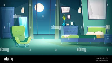 Bedroom interior at night cartoon vector illustration. Comfortable living room interior in ...