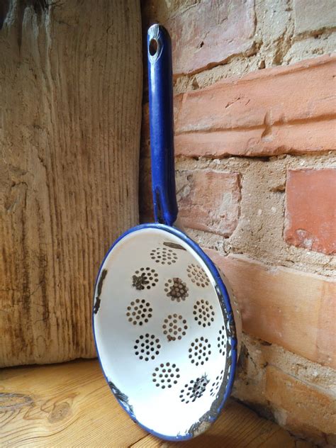 White Enamel Colander With Purple Handle Rustic Colander - Etsy