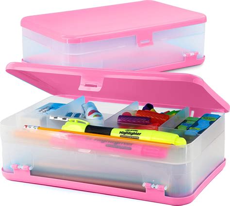 Amazon.com: Enday Pencil Box Pink, Large Capacity Plastic Double Deck Box with 12 Compartments ...