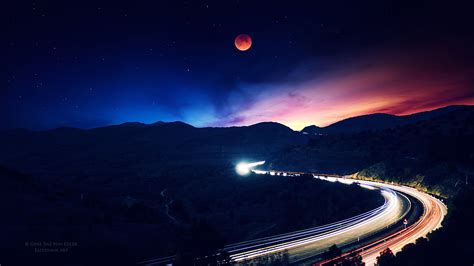 Night, Sky, Moon, Road, Time-Lapse, Landscape, Scenery, 4K, #160 Wallpaper PC Desktop