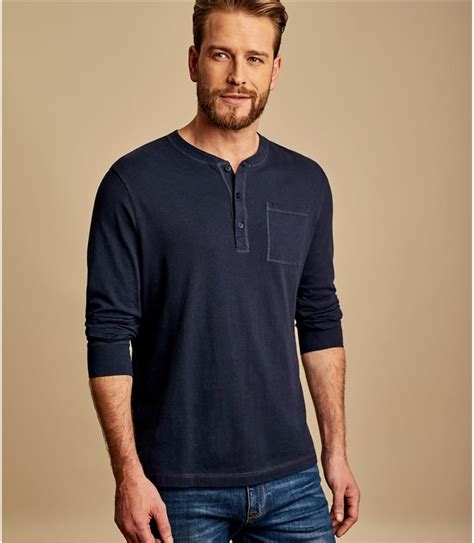 Navy | Mens Henley Button Long Sleeve T-shirt | WoolOvers AU