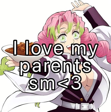 an anime character holding a plate with the words i love my parents sm - 3