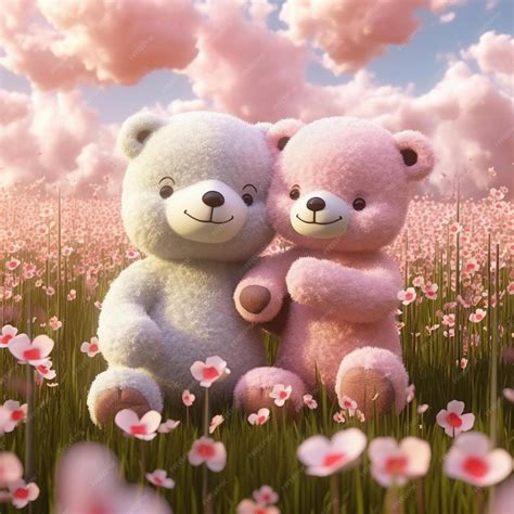 Premium AI Image | two teddy bears are hugging in a field of flowers