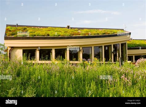 lebanon hills visitor center in eagan minnesota showing vegetation on green roof and garden in ...