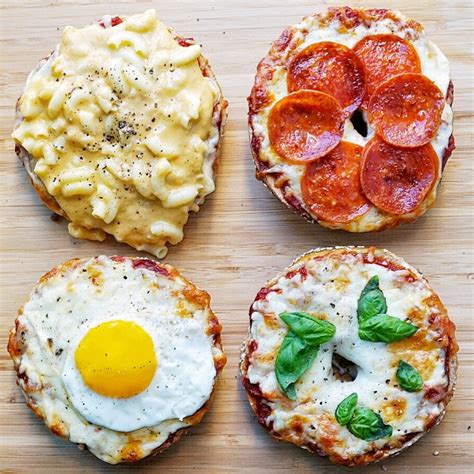 Bagel Pizzas!! 4 ways – Cheese, Pepperoni, Fried Egg and Mac’n’Cheese – My Dessert Diet