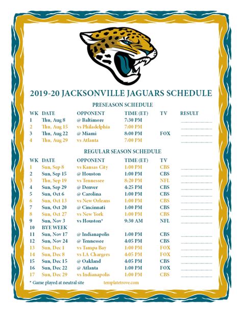 Printable 2019-2020 Jacksonville Jaguars Schedule