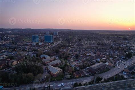 Gorgeous Aerial View of Luton City of England UK at Sunset Time, Colourful Clouds high angle ...