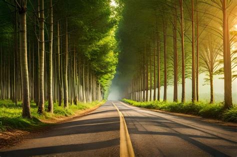 Premium AI Image | Road in the forest with a yellow line on the left side