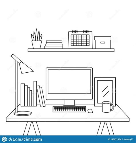 Illustration about Office desk line art drawing vector. Doodle desk ...