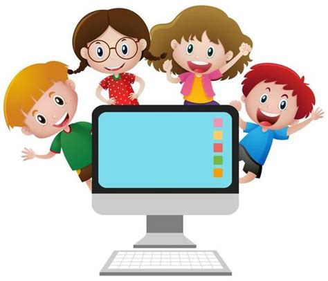 Cuatro niños felices detrás de la pantalla de la computadora | Computadora para niños, Imagenes ...