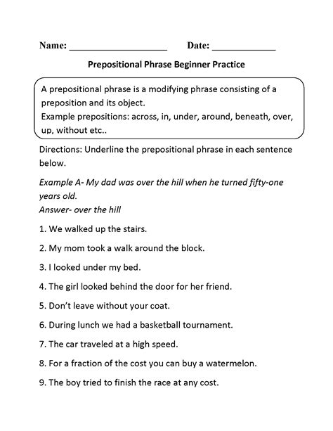 Prepositional Phrases Worksheets | Prepostional Phrase Beginner Practice Work… | Prepositional ...