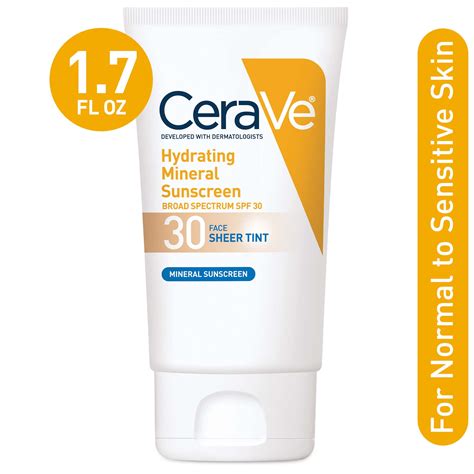 Buy CeraVe Hydrating Mineral Sunscreen, Sheer Tint Facial SPF 30, 1.7 ...