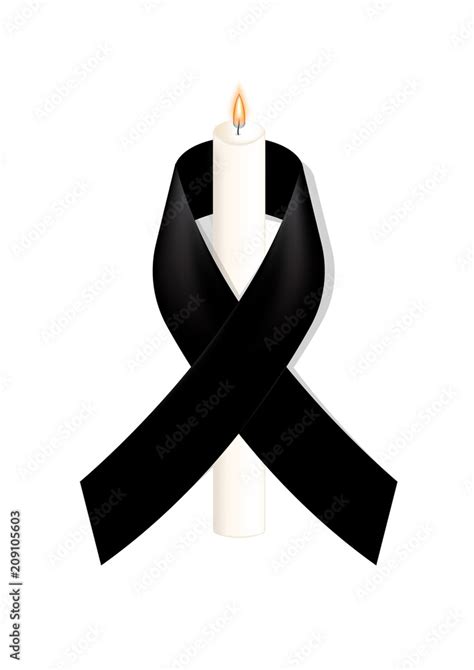 Black awareness ribbon with white candle on white background. Mourning ...