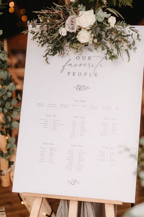 A simple, elegant table plan for your wedding day with the wording 'our favourite people' to let ...