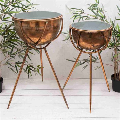 Large Gold Metal Bowl Planters on Legs - Annibells