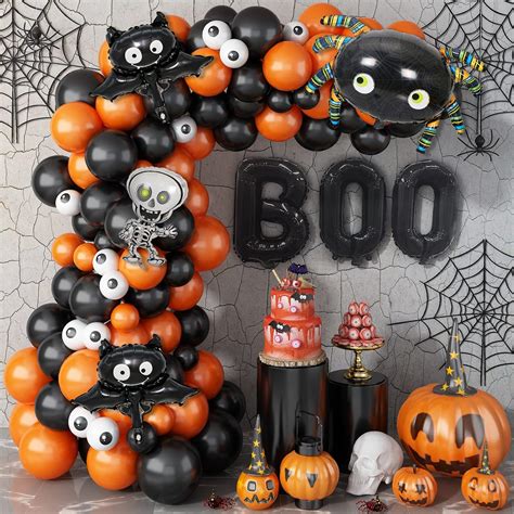 Halloween Balloon Arch Garland Kit, 92pcs Black Orange Latex Balloons with Skull BOO Spider Bats ...