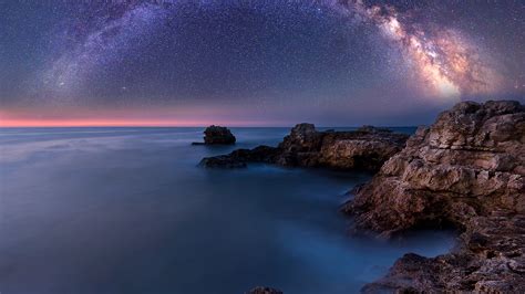 Wallpaper : horizon, rocks, water, sea, stars, night, long exposure, Milky Way, nature, Black ...