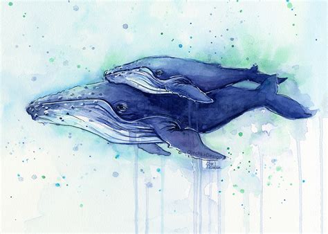 Humpback Whale Mom and Baby Watercolor Painting-Olechka Design