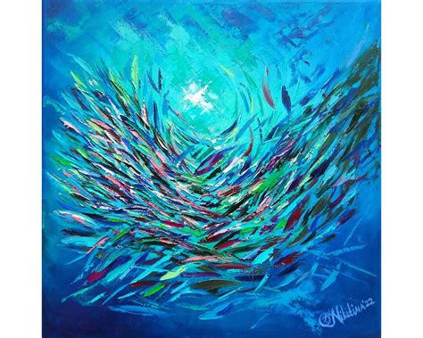 Hawaii Fish Painting Underwater Original Art Ocean 12 by 12 Sardines Fish Artwork Impasto ...