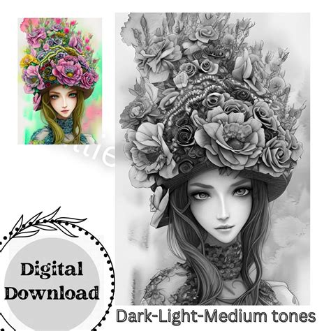 Adult Fantasy Coloring Page Pretty Girl in Flower Hat - Etsy