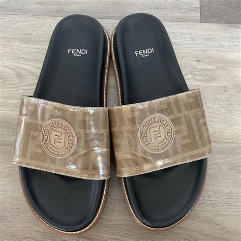 Fendi Men's Tan and Brown Slides | Depop