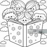 Children Reading A Book Coloring Book Page Stock Illustration  sketch template