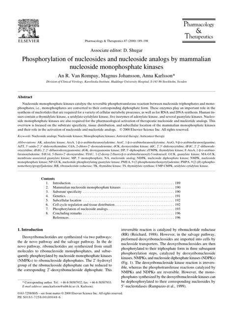 (PDF) Phosphorylation of nucleosides and nucleoside analogs by mammalian nucleoside ...