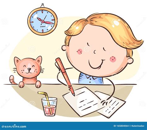 Boy Writing a Letter or Making Homework at the Desk Stock Vector ...