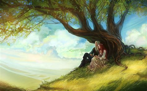 art, Couple, In, Love, Tree, Girl, Long, Hair, Guy, Red, Hair, Leaves, Sky, Clouds Wallpapers HD ...