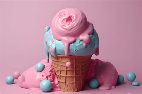 Premium AI Image | A pink and blue ice cream cone is covered in melted ice cream.