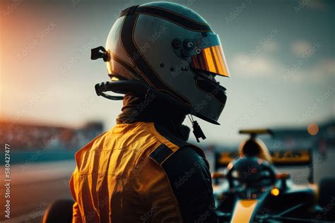 Formula one racing. Driver in helmet before start of competition. AI ...