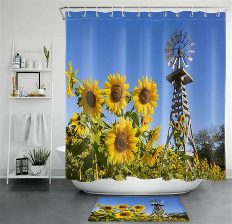 Farmhouse Sunflower Shower Curtain: Rustic Bathroom Decor with Blue Sky, Floral, and Windmill ...